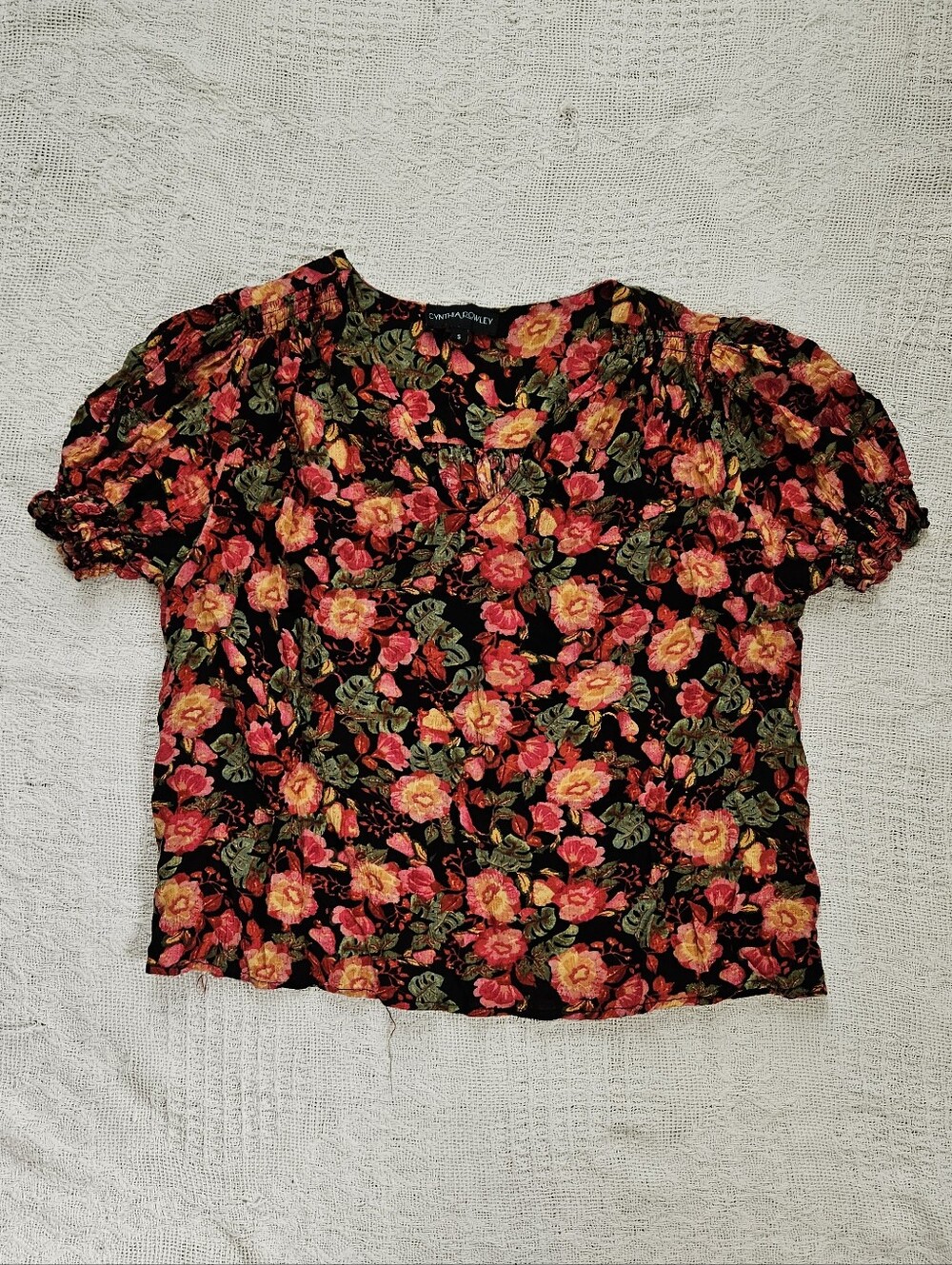 Cynthia Rowley Floral Pink Green Smock Sleeve Blouse Womens Small